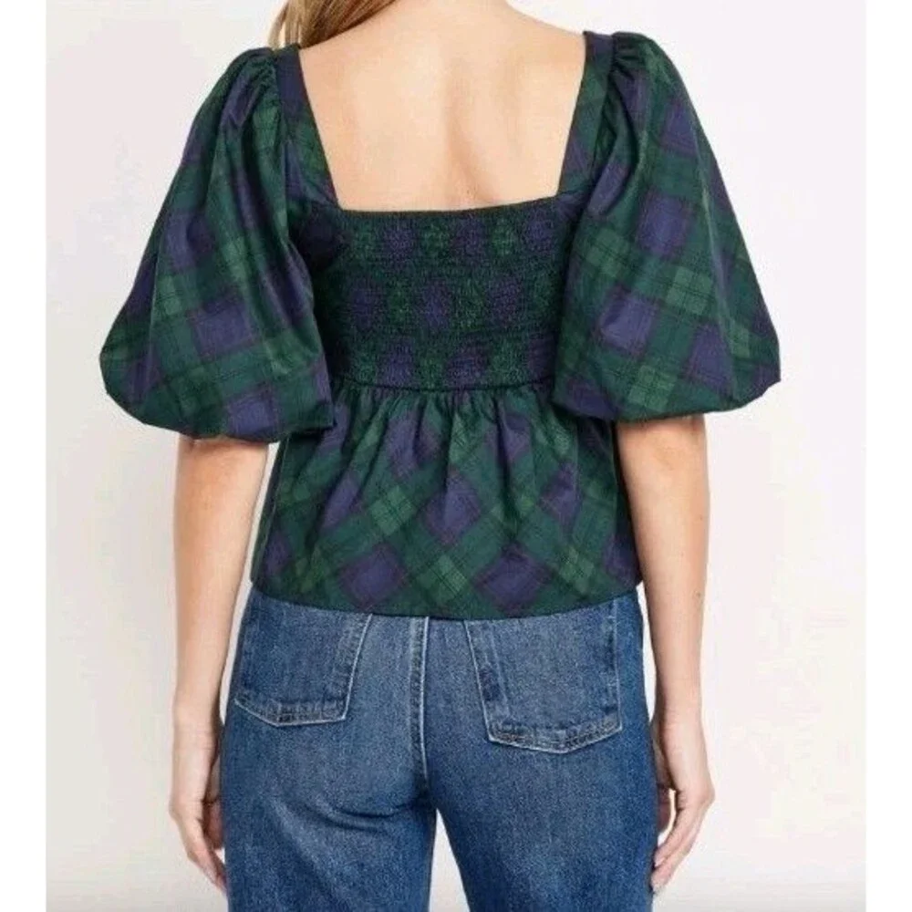NWT Women's Old Navy Puff Sleeve Poplin Peplum Top Size XL Tartan